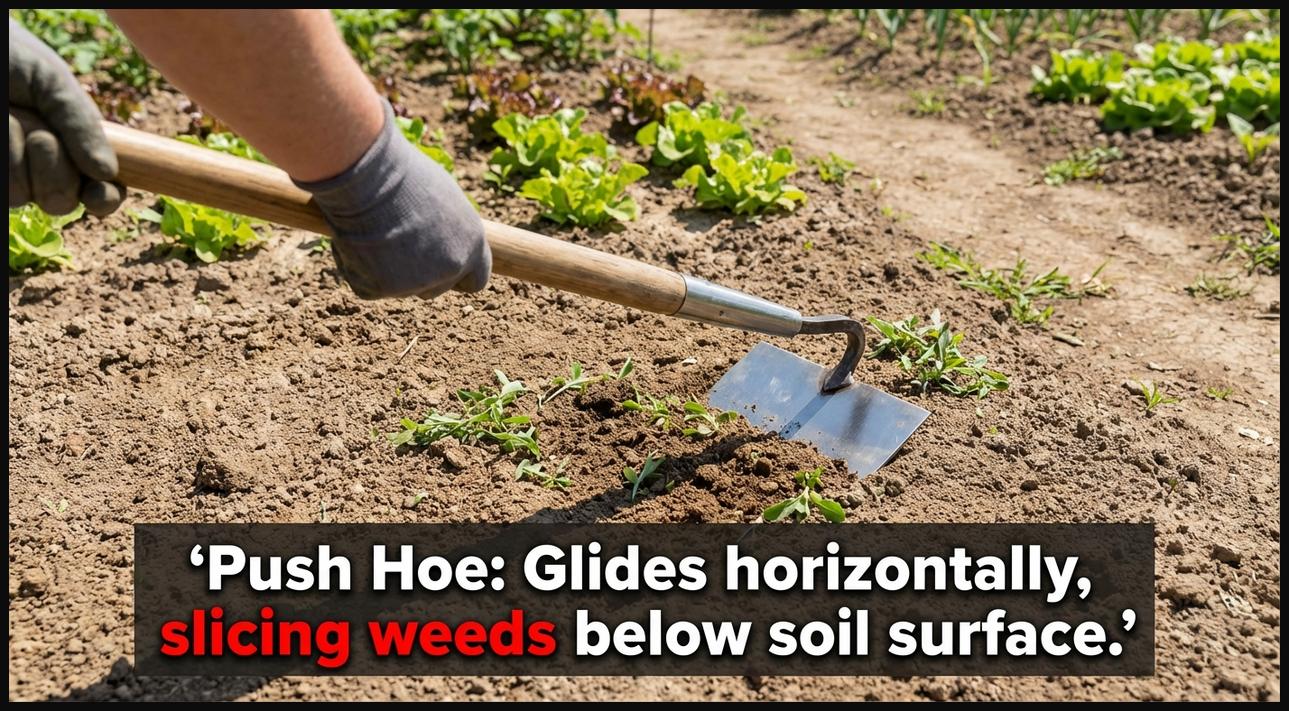 A push hoe in action, demonstrating its flat blade gliding just below the soil surface to effectively sever weed roots with a pushing motion.