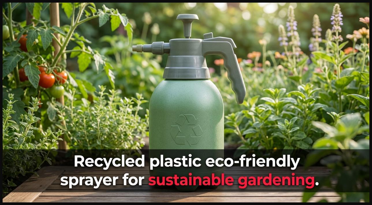 An eco-friendly garden sprayer made from recycled plastic, set in a vibrant green garden, promoting sustainable gardening practices.