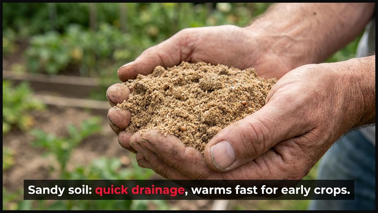Close-up of a gardener's hands holding loose, light-brown sandy soil with distinct, large particles, showing its rapid drainage characteristic.