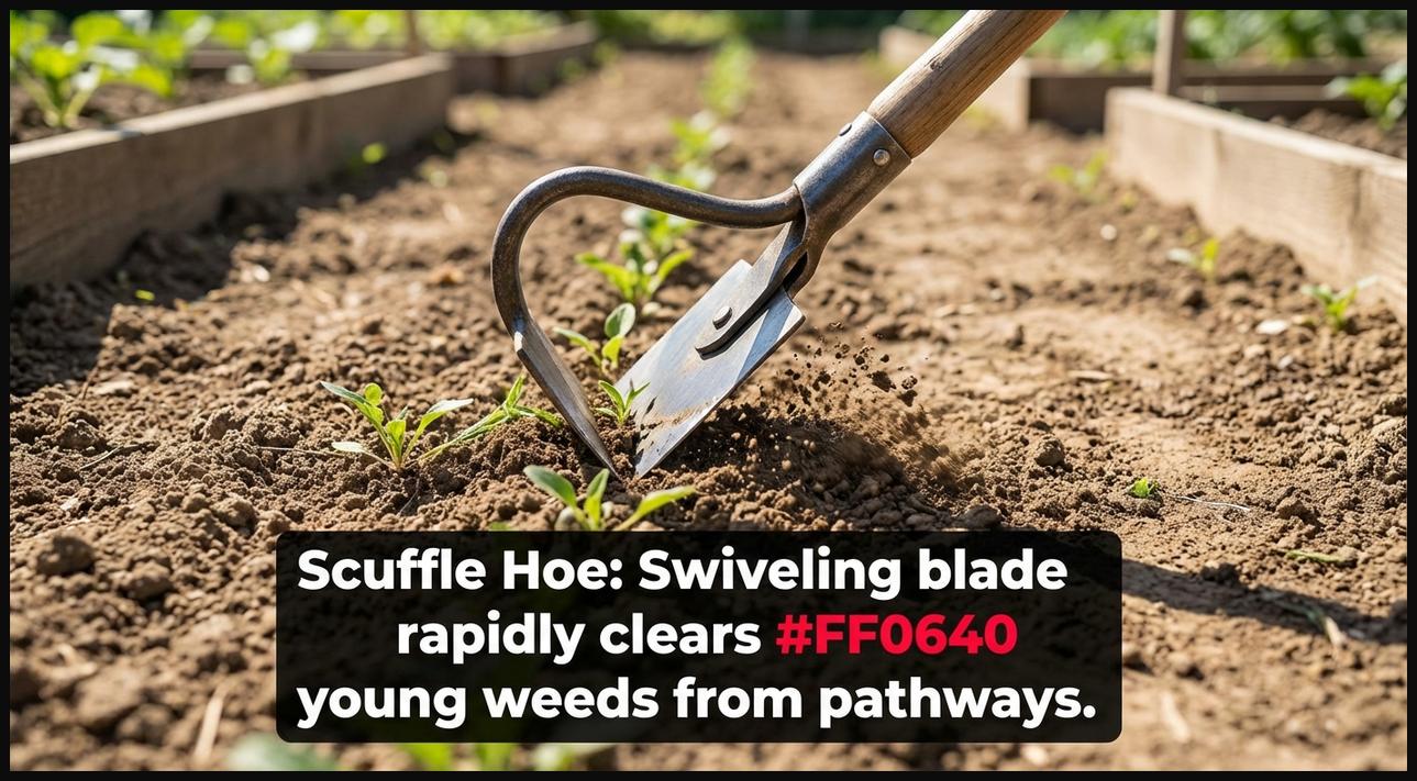 A scuffle hoe, also known as a hula hoe, with its unique open-sided, swiveling blade used for quick surface weeding and dislodging young weeds.