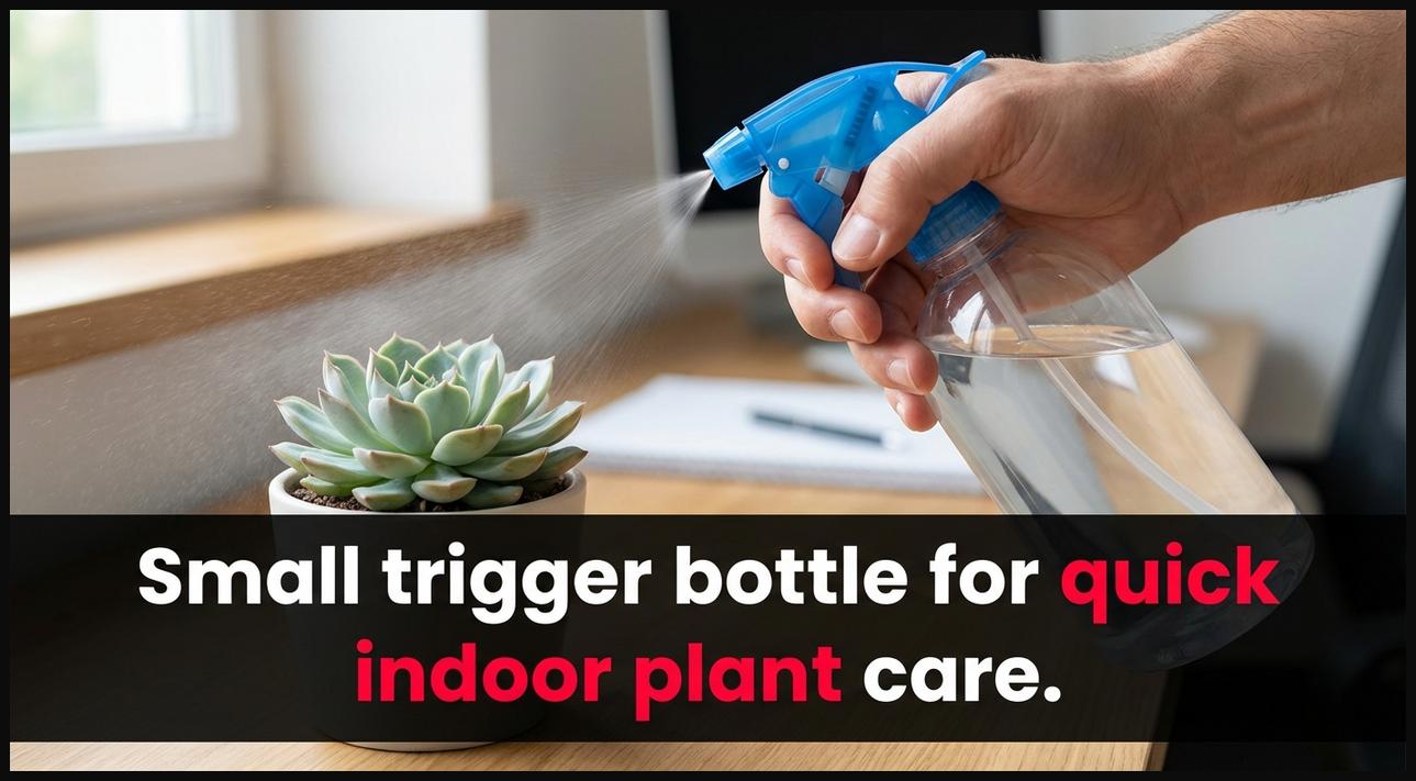 Small capacity trigger bottle sprayer being used to mist a single houseplant, highlighting its convenience for indoor plant care.