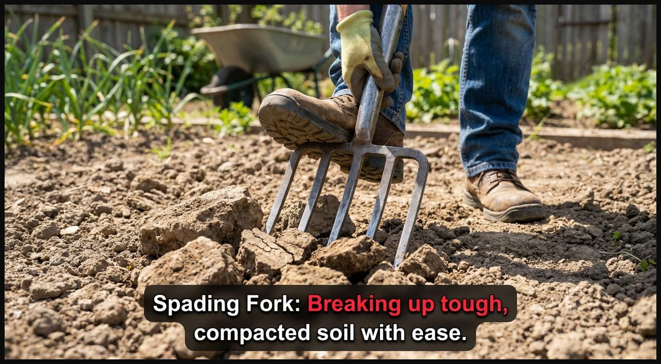 A sturdy spading fork with strong, flat tines being pushed into compacted garden soil to break it up, showing heavy-duty soil work.