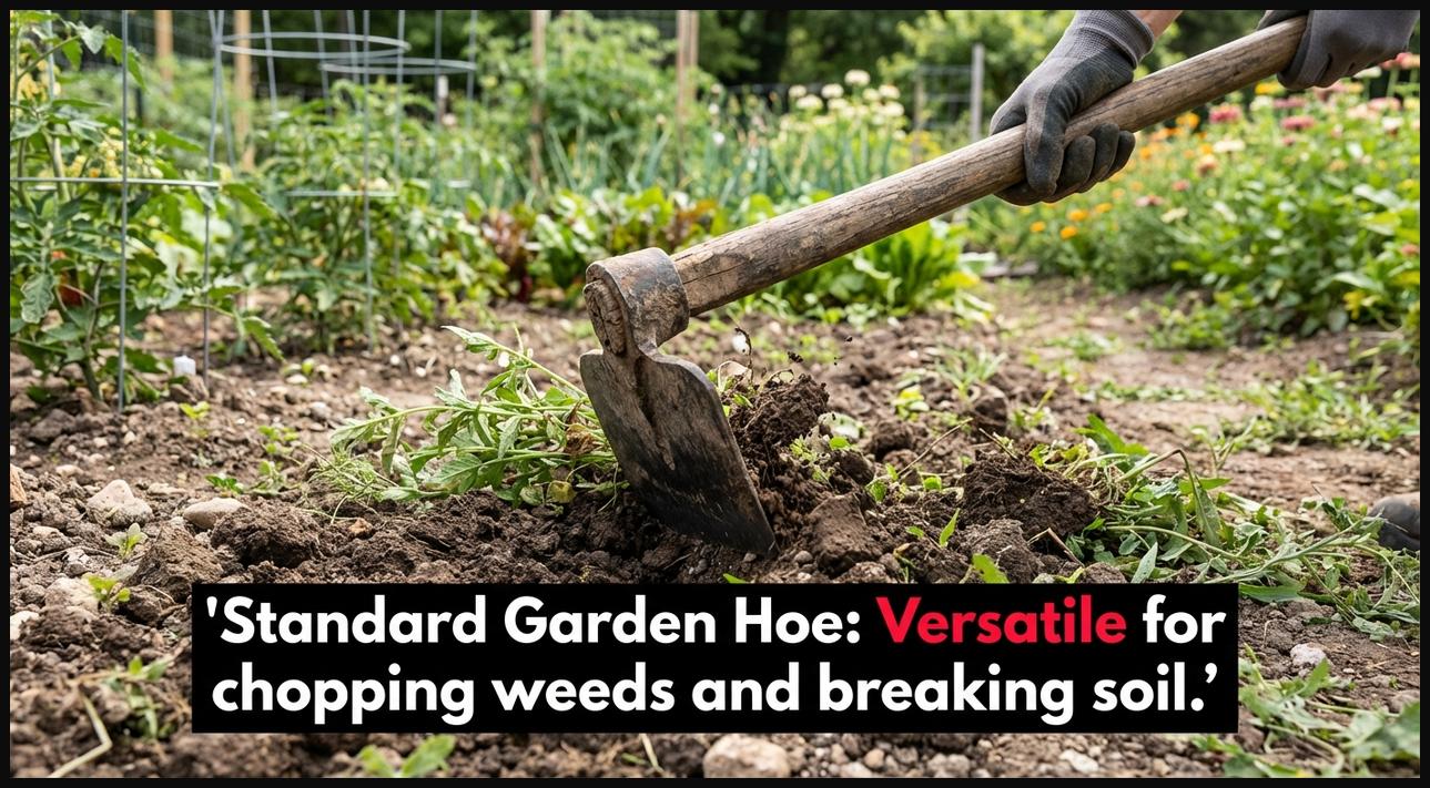 A classic standard garden hoe with its flat, rectangular blade, being used for general weeding, chopping, and breaking soil clods.