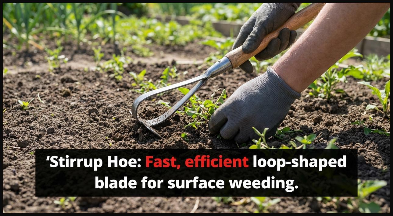 A stirrup hoe with its unique loop-shaped, double-edged pivoting blade effectively removing weeds from a garden path.