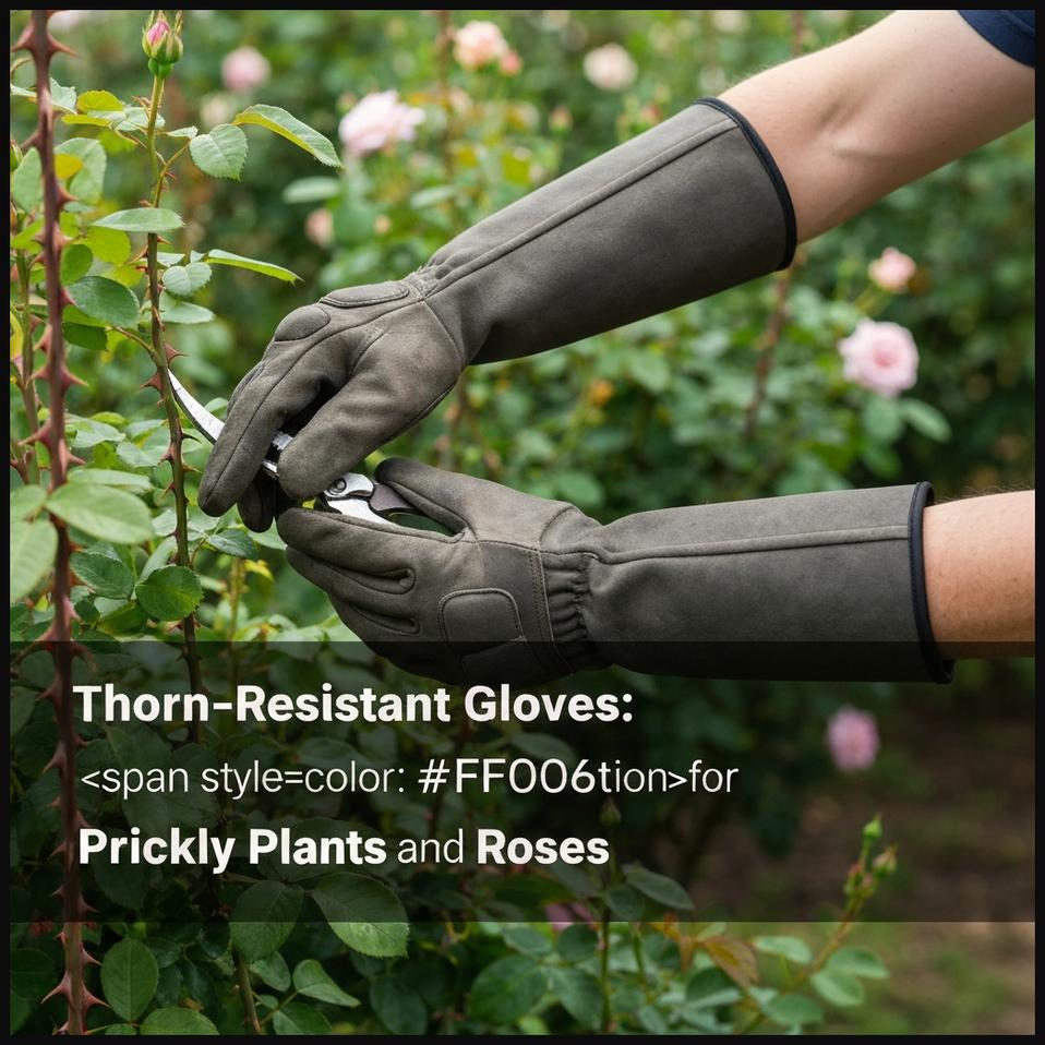 Hands in long, reinforced thorn-resistant rose gardening gloves pruning a thorny rose bush.