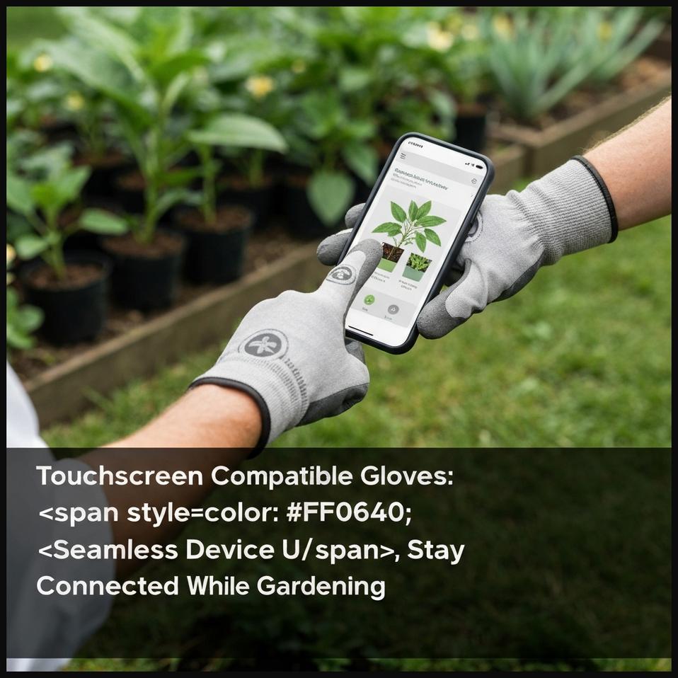 Hands in touchscreen compatible gardening gloves using a smartphone in a garden.