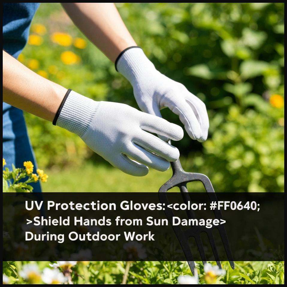 Hands in lightweight UV protection sun gardening gloves working under strong sunlight.