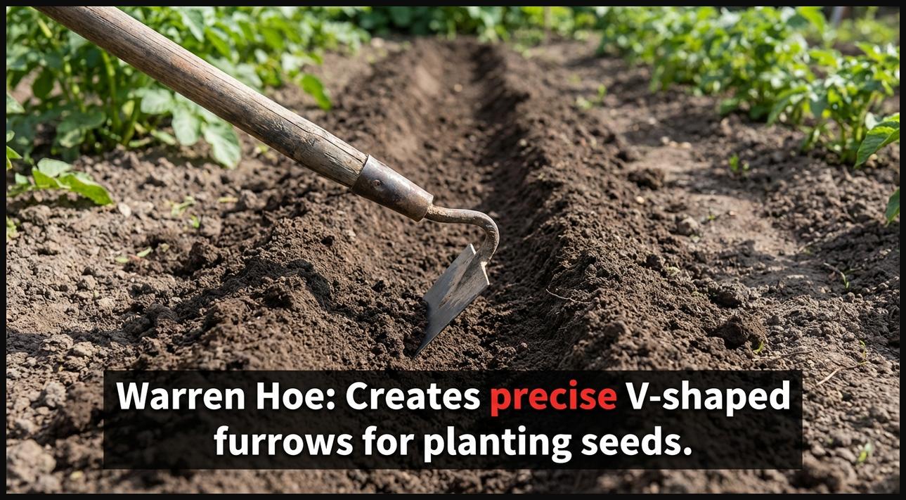 A Warren hoe with its V-shaped blade creating a clean, defined furrow in a garden bed, preparing the soil for planting seeds.