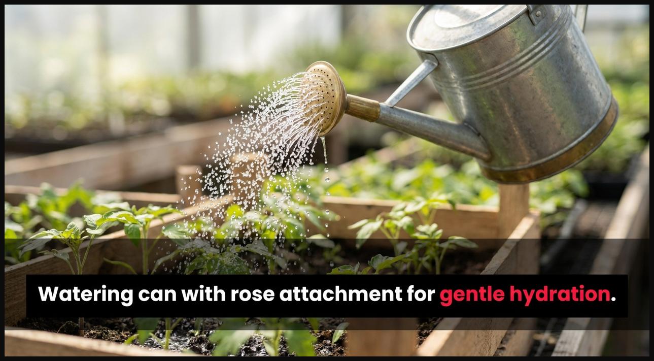 Classic watering can with a rose attachment, gently showering water on fragile seedlings to prevent soil disturbance.