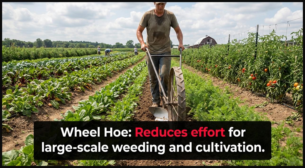 A gardener efficiently pushing a wheel hoe with a hoe attachment down a long row in a spacious vegetable garden, demonstrating its scale.