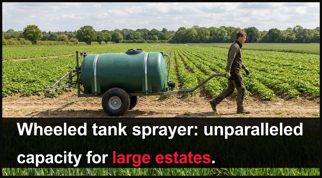 Large wheeled tank sprayer being used on an expansive property, showcasing its high capacity and easy transport.