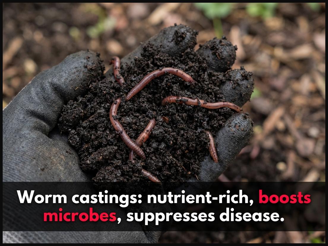 Macro close-up of dark, finely textured, crumbly worm castings, showing their richness in nutrients and beneficial microorganisms.